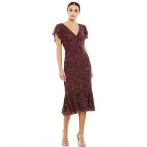New Mac Duggal V-Neck  Sequin Flutter Cap Sleeve Gown  Z52